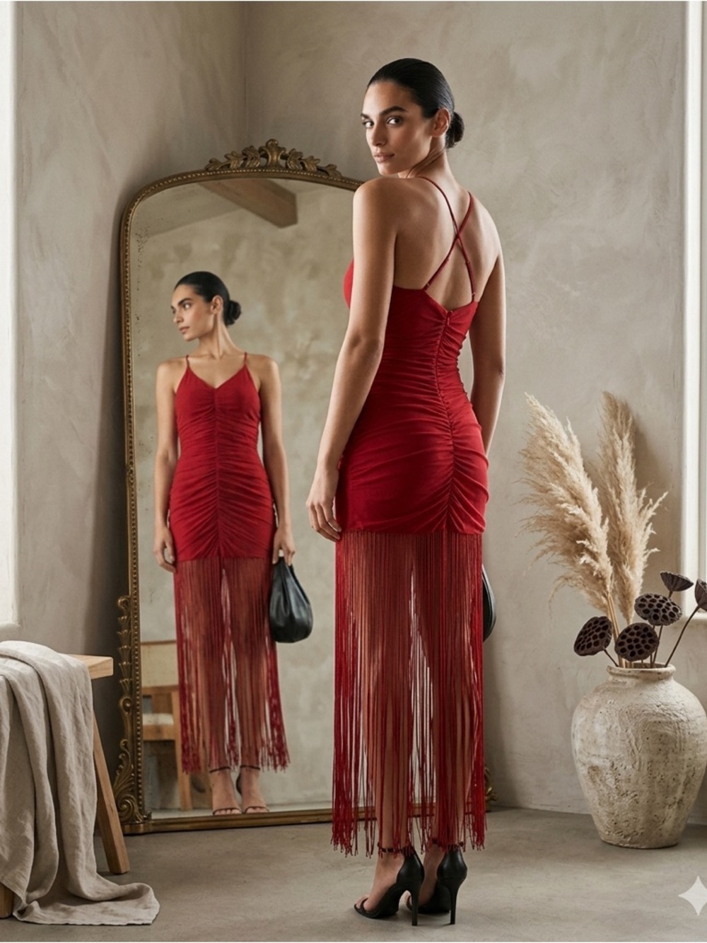 Vineet Bahl Anthropologie Red Sleeveless V-Neck Fringe Maxi Dress NWT Medium